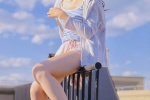 First love girl's cool summer photo with long legs in suspenders