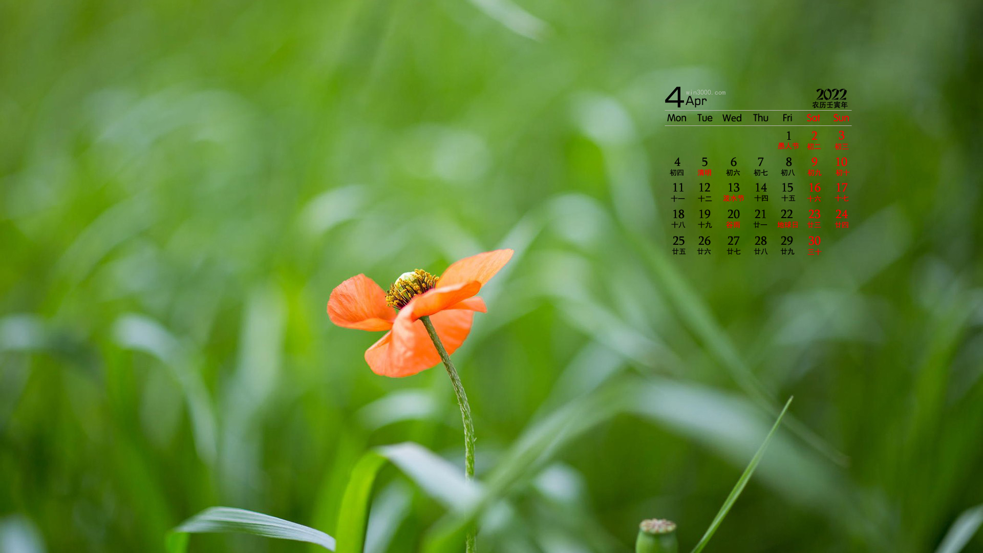 2022年4月清新淡雅的花朵桌面日历壁纸