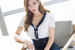 Seductive photo of long-legged beauty OL in white-collar uniform