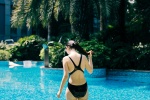 Japanese style film photos of beauties in swimming suits in swimming pools