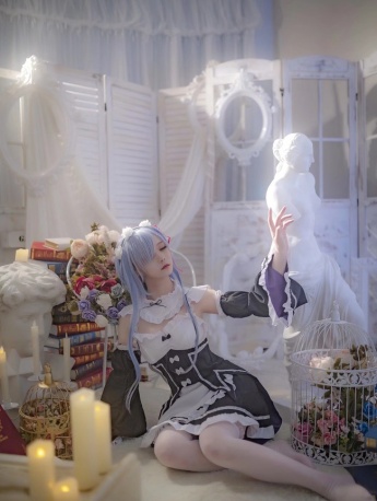 Sexy Rem cos photo of beauty with long legs in white silk stockings