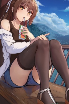 Mobile wallpaper of anime black stocking beauty drinking drink