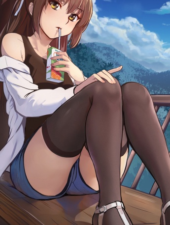 Mobile wallpaper of anime black stocking beauty drinking drink