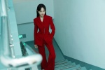 Tang Yan cool fashion photo in red suit