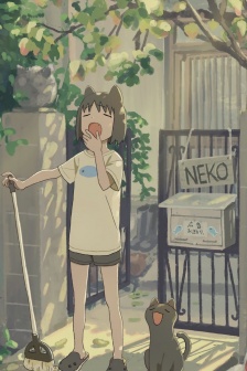 掃地打哈欠的可愛動漫少女手機壁紙