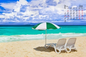 February 2022 blue sky and sea fresh desktop calendar wallpaper