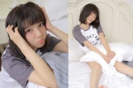 Sexy and charming photo of beautiful girl with beautiful legs on bed