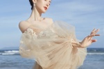 Jin Chen sexy photo in nude tube top with floral tulle dress