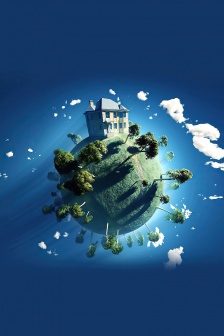 星球 房子 建築 綠樹 創意手機壁紙