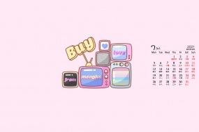 July 2021 pink cartoon desktop calendar wallpaper