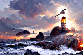 油画艺术灯塔图片桌面壁纸