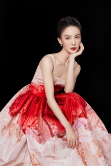 金晨浅粉泼墨长裙性感写真图片