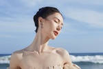 Jin Chen sexy photo in nude tube top with floral tulle dress