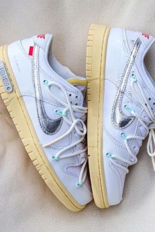 Nike OW co-branded DunkLow displayed from multiple angles