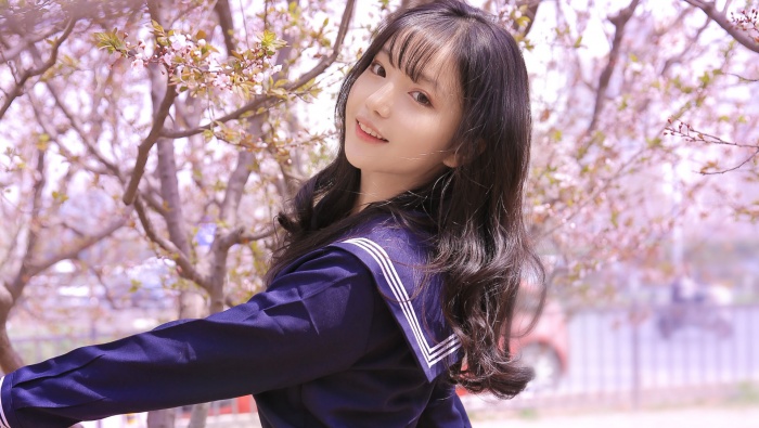 Beautiful girl under the cherry blossom tree picture desktop wallpaper