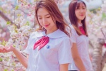 櫻花樹下的製服美女寫真照圖片