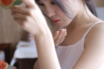 Sexy private room photo of a beautiful lady with fair skin and suspenders, healing style