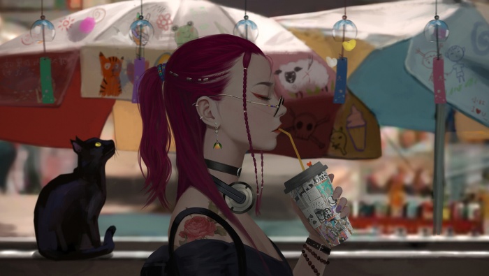 喝著飲料的紅發動漫少女圖片壁紙