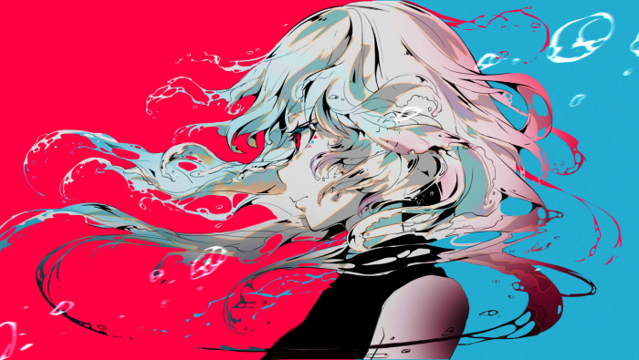 White-haired anime girl wallpaper on red and blue background