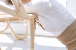 First love girl's cool summer photo with long legs in suspenders