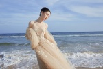 Jin Chen sexy photo in nude tube top with floral tulle dress