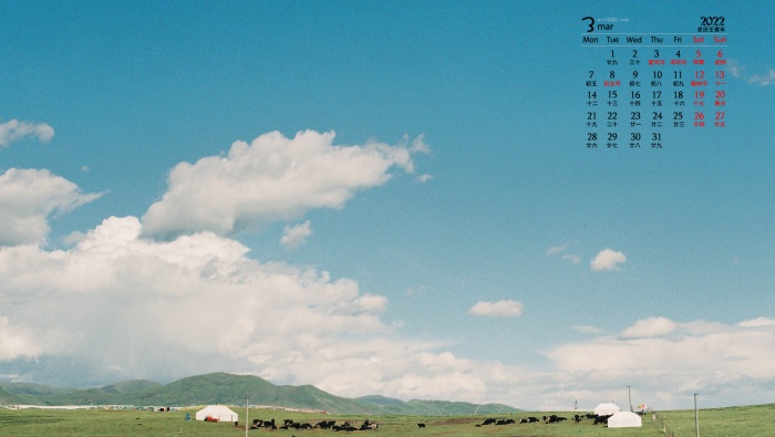 2022年3月护眼草原风景日历壁纸图片