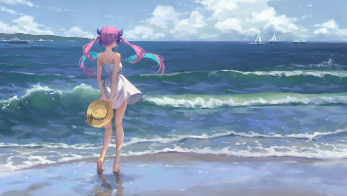 夏日海边二次元红发吊带少女桌面壁纸