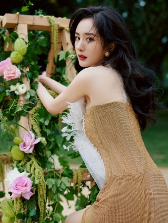 Sexy photo of Yang Mi in golden white gauze collar high slit dress