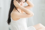Sexy photo pictures of beauty with long hair in pajamas, strapless straps
