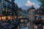 European town warm night scene computer wallpaper