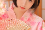 Pink short hair beauty in kimono photo mobile wallpaper