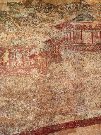 懿德太子墓阙楼仪仗图壁画局部细节图