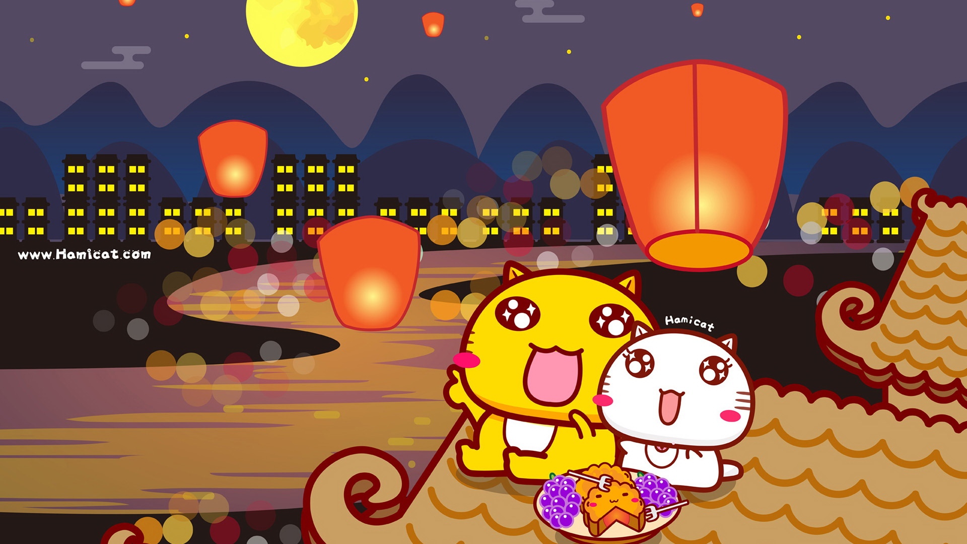 哈咪猫中秋节插画卡通壁纸图片