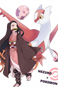 Demon Slayer: Kimetsu no Yaiba collaboration Pokémon cartoon simple style mobile wallpaper