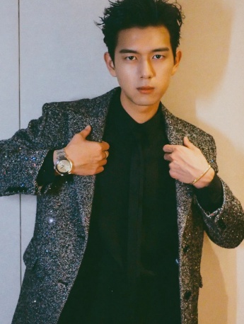 Li Xian elegant and handsome photo in gray diamond suit