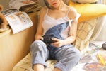 Sexy photo of plump beauty in overalls and tank top