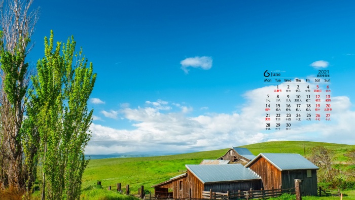 June 2021 blue sky, white clouds, grassland desktop calendar wallpaper