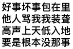 君子量大同天地
好事坏事包在里
他人骂我我装聋
高声上天低入地
要是根本没那事
全当他是骂自己